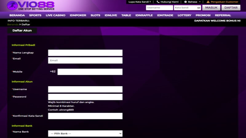 Tampilan Form Pendaftaran Situs Vio88