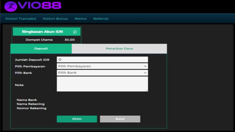 Form untuk Mengisi Saldo Deposit di Situs Vio88