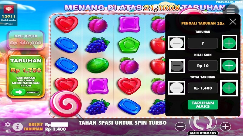tampilan mengatur taruhan di permainan Sweet Bonanza